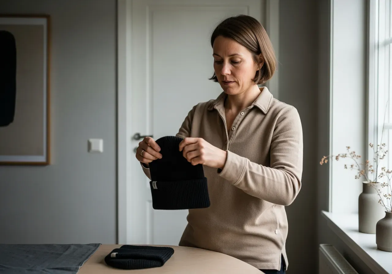 Kvinna testar antracitmössor