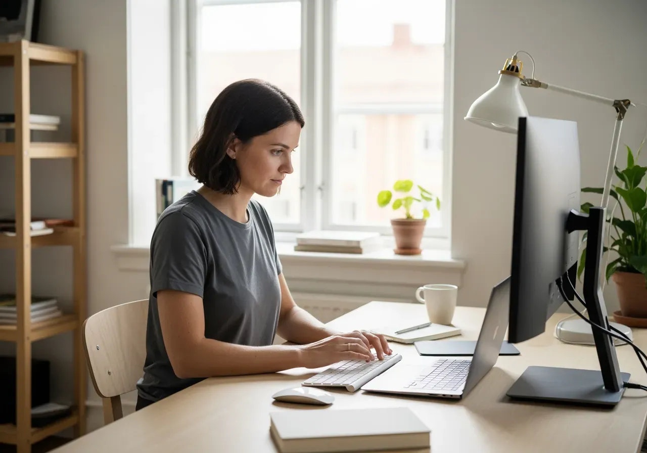 Kvinna kodar python i Short-Sleeve T-Shirt